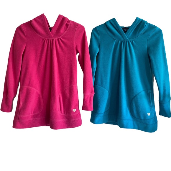 GapKids Girl’s XL 12 Fleece Tunic Pullover Hoodie Pockets Pink / Turquoise - Picture 8 of 9